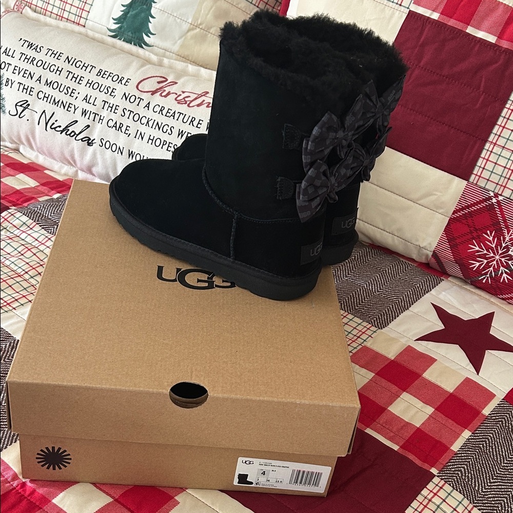 UGG Black Boots with Ribbon Accents